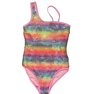 Lola and The Boys Sequin Swimsuit One Shoulder Rainbow Sparkle Girls Size 10